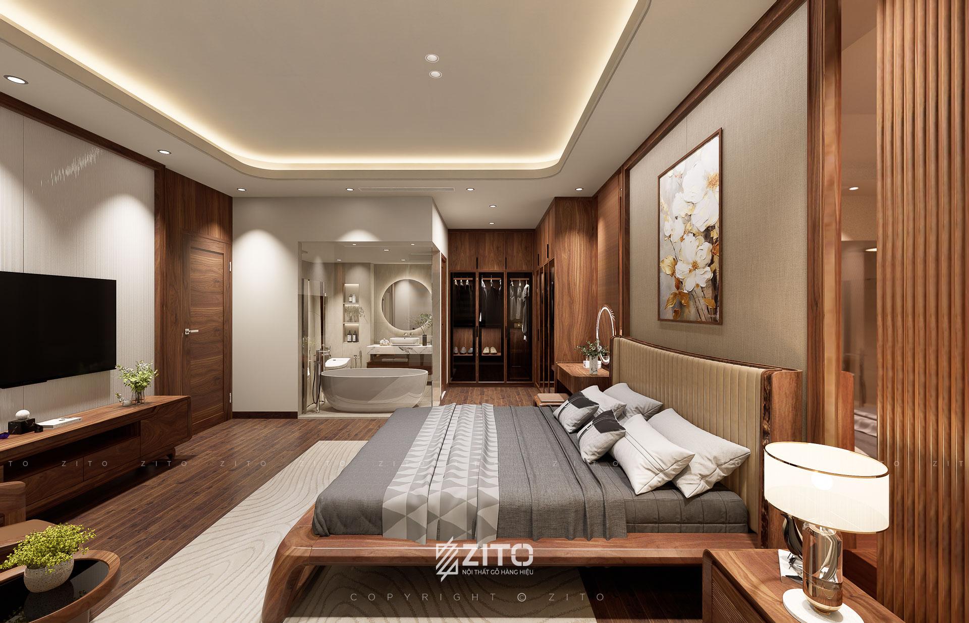Phòng ngủ chính dưới tối ưu đầy đủ không gian nhà vệ sinh, phòng thay đồ trong cùng 1 không gian